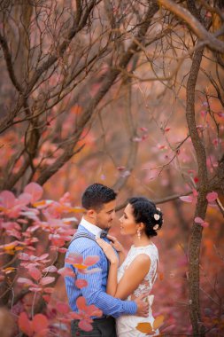 Romantik Çift sonbahar parkta sarılma. Mutlu gelin ve damat ormandaki açık havada