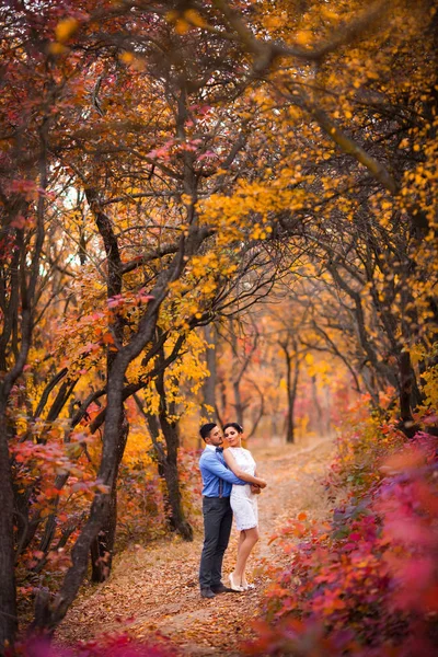 Usmíval se, pár objímat v podzimním parku. Šťastný ženich a nevěsta v lese, venku — Stock fotografie