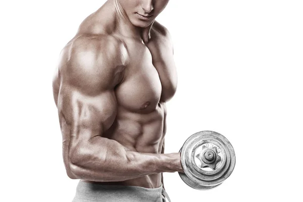 Muskularny mężczyzna pracy ćwiczeń z hantlami na biceps, silny mężczyzna nagi tors abs, na białym tle — Zdjęcie stockowe