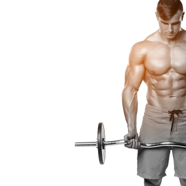Muscular man working out doing exercises with barbell, strong male naked torso abs, isolated over white background — Stock Photo, Image