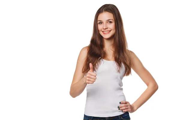 Smiling happy young woman showing thumbs up, isolated on white background — Stock Photo, Image