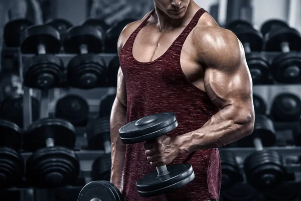 Muscular Man Working Out Gym Doing Exercises Dumbbells Bodybuilder — Stock Photo, Image