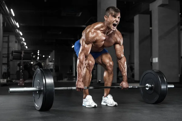Muskulös Man Tränar Gym Gör Övningar Stark Man Naken Bål — Stockfoto