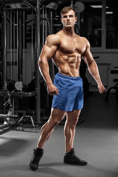 英俊的肌肉男在健身房 强壮的男性裸躯干 Abs — 图库照片