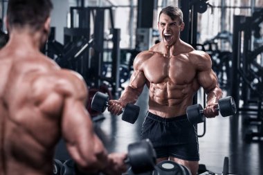 Kaslı adam spor salonunda egzersiz vücut geliştiricisi. Güçlü erkek abs