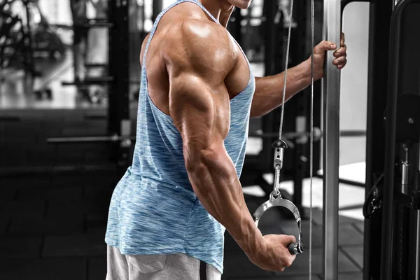 Muskulös Man Arbetande Ute Gym Gör Övningar Triceps Stark Hane — Stockfoto