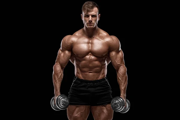 Muscular Man Dumbbells Isolated Black Background Strong Male Naked Torso — 스톡 사진