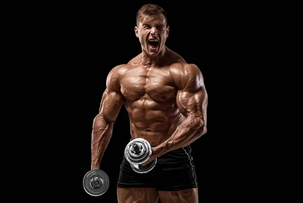 Muscular Man Dumbbells Working Out Isolated Black Background Strong Male — Stock Photo, Image