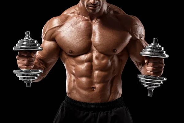 肌肉男子显示肌肉和腹肌孤立在黑色背景 强壮的男性赤身裸体 — 图库照片
