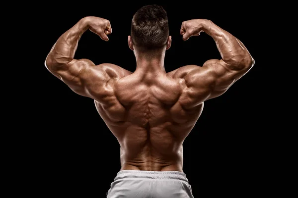 Muscular Man Showing Back Muscles Rear View Isolated Black Background — Stock Photo, Image