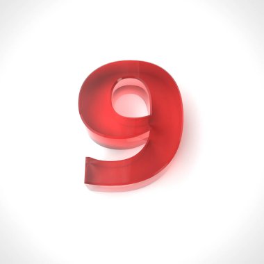 3D kırmızı 9 numaralı cam beyaz arka plan üzerine. 