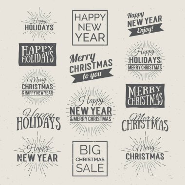 Neşeli Noel ve mutlu yeni yıl kaligrafi tasarım etiketleri. Davet için yazı, tebrik kartı, baskılar ve poster tatil