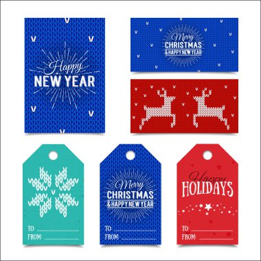 Örme Noel kartı şablonları koleksiyonu. Renkli yeni yıl Etiketler vektör içinde yapılan mevcut. Hediyeler için ad kartları.