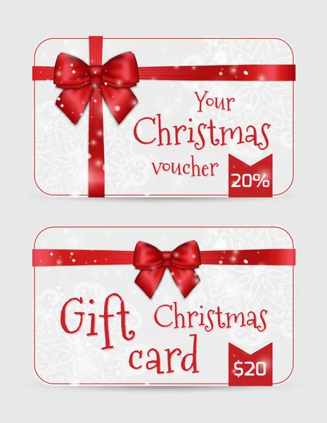 Cartes ornementales de Noël avec ruban de satin rouge brillant vacances. Modèle de Nouvel An pour salutations, invitations, bons, cartes cadeaux — Image vectorielle