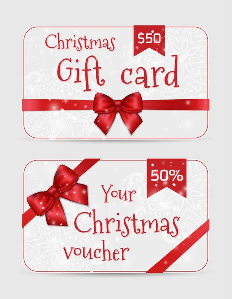 Cartões ornamentais de Natal com brilhante feriado fita de cetim vermelho. Modelo de Ano Novo para saudações, convites, vouchers, cartões de presente —  Vetores de Stock
