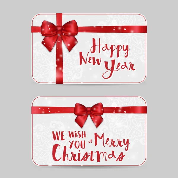 Tarjetas ornamentales de Navidad con brillante cinta de satén rojo festivo. Plantilla de Año Nuevo para saludos, invitaciones, vales, tarjetas de regalo — Vector de stock
