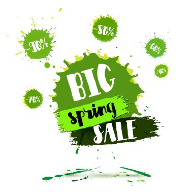 Big Spring Satılık poster. Suluboya afiş mürekkep su sıçramalarına ve fırça ile el iş için yazı. vektör Amazing indirim el ilanı