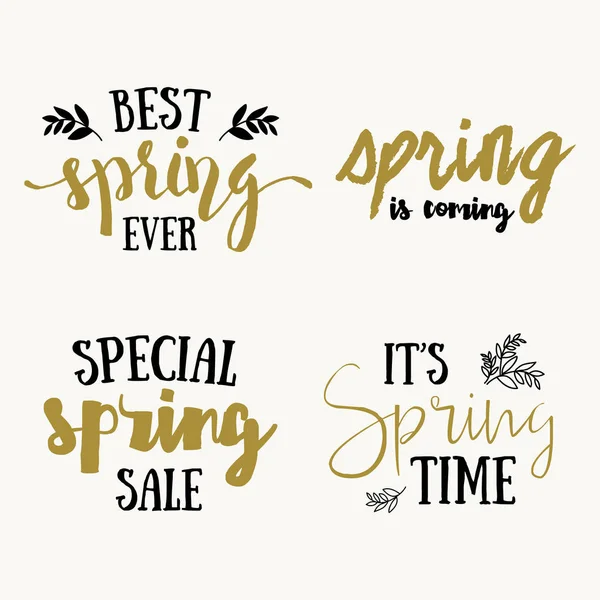 Its spring time lettering greeting cards set. Vector Special spring sale typography poster in gold black and white colors. — Stock Vector