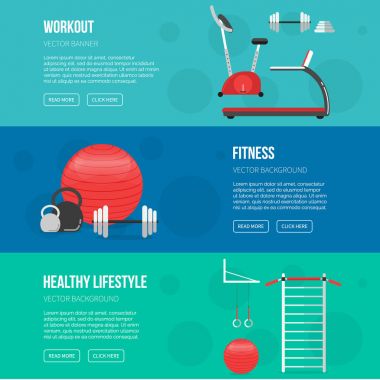 Fitness eğitimi ve spor kulübü afiş ayarlayın. Fitness sınıfı ekipmanları. Spor arka plan. Sağlıklı yaşam konsepti. Spor demirbaş eşyaları
