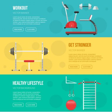 Fitness eğitimi ve spor kulübü afiş ayarlayın. Fitness sınıfı ekipmanları. Spor salonu sağlıklı yaşam konsepti. Spor demirbaş eşyaları.