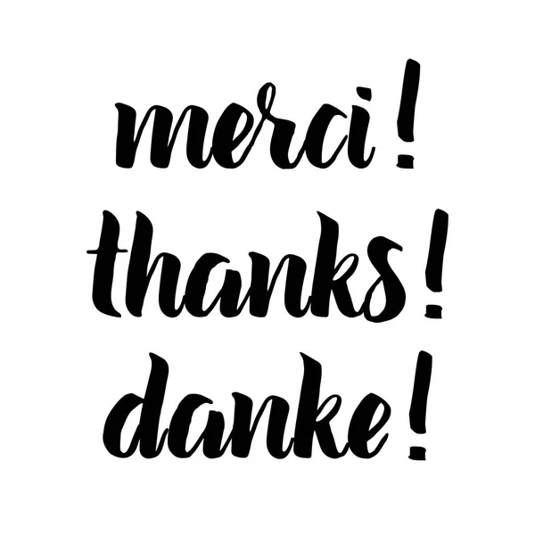 Frase di ringraziamento, lettering nero disegnato a mano, sovrapposizione fotografica in stile vintage. Grazie, merci, danke in inglese, francese, tedesco — Vettoriale Stock