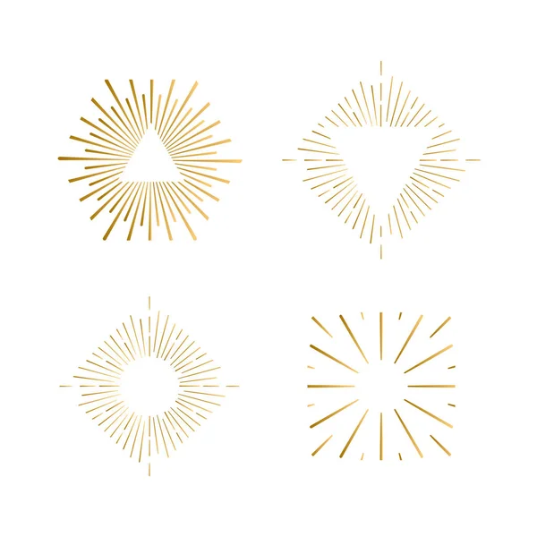 Cornici tribali boho sunburst con posto per il tuo testo. Logo hipster scintillante oro, forme pirotecniche della linea Vector . — Vettoriale Stock