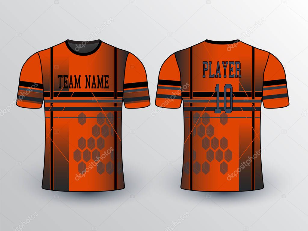 Orange body with black and graphite stripe. The hexagonal texture on the shirt design