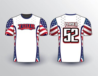 Arka planda birleşen yıldızlarla beyaz vücut ve bayrak desenli kenarlar ve kollar güzel gömlekler