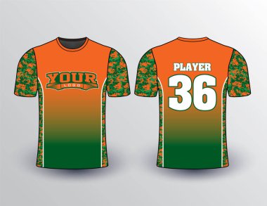 Parlak turuncu ve yeşil kombinasyon renk kombinasyonu. Kamuflaj dolu kenarları ve kolları güzel görünen gömleği var.