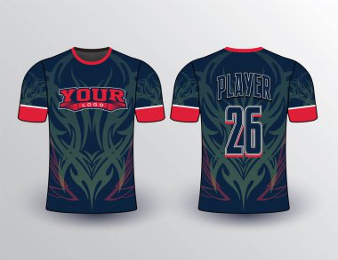 Mavi vücut kabile desenleriyle dolu yeşil ve kırmızı bir dokunuşla güzel bir gömlek.