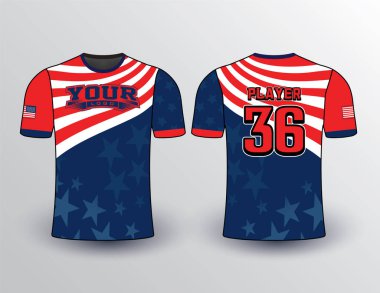 Dalgalı kırmızı çizgiler ve yıldız bayrağı temalı şık gömlekle dolu mavi kısım.