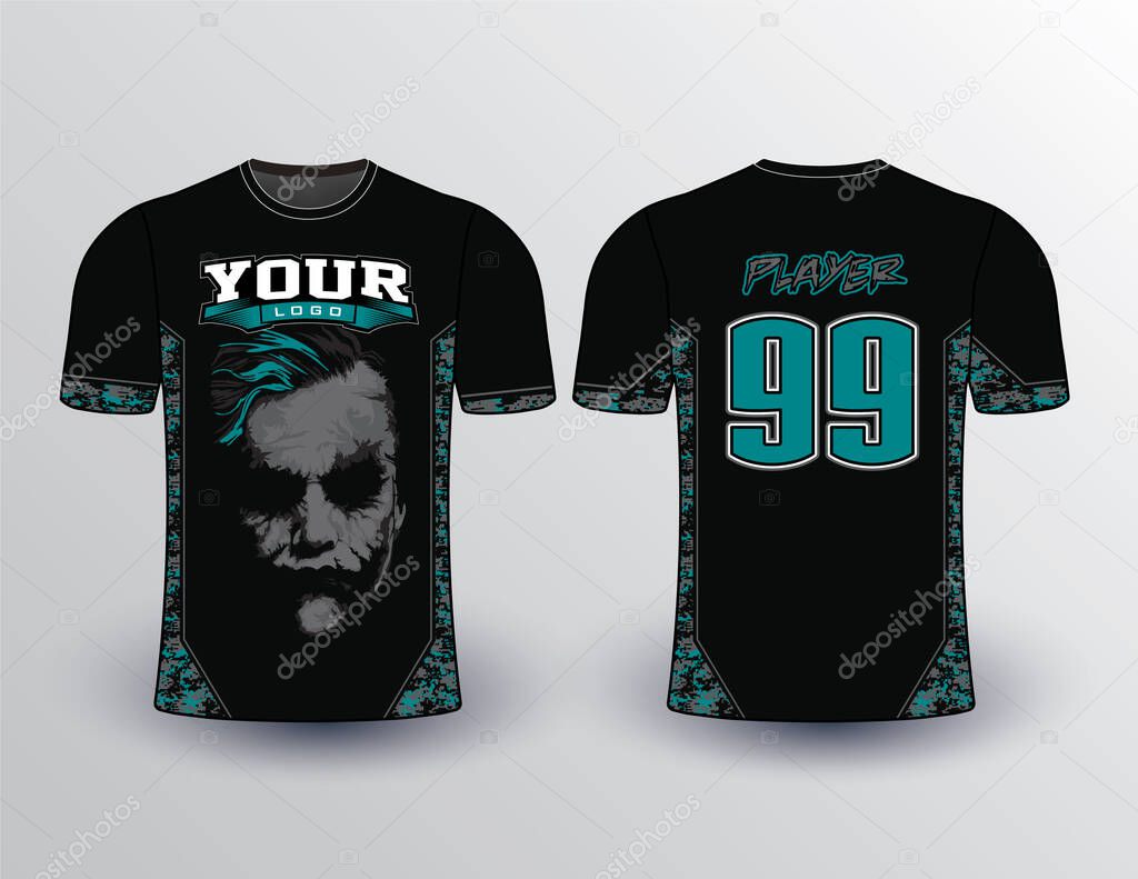 Camo filled side insert and sleeves end dark edgy black and teal color shirt