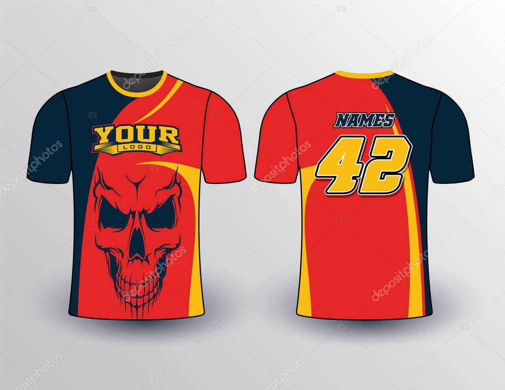 Tri-color filled red blue and yellow with close up of a skull image on the front scary design shirt