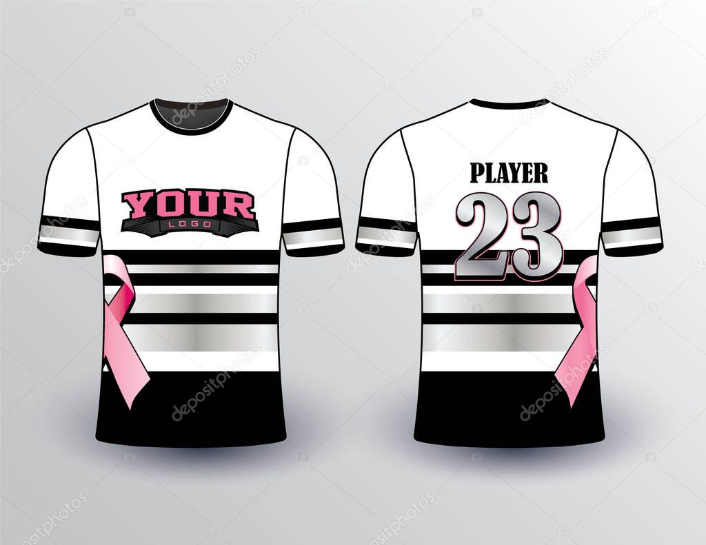 Simple black and white body filled with gray tone stripe and cancer support ribbon on the sides decent design shirt
