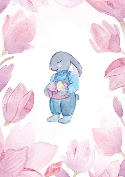 Watercolor Easter bunny with eggs and flowers.
