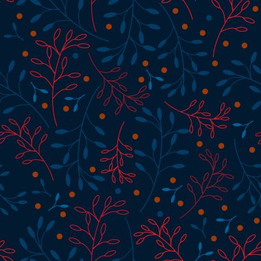 Mavi ve kırmızı dallardan ve koyu mavi arkaplanda turuncu meyvelerden oluşan çiçeksiz vektör deseni.