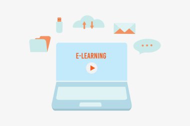 Çevrimiçi eğitim ve web pankartları için e-öğrenme kavramı, bilgi grafikleri. Düz bir modaya sahip bir simge kümesi. Vektör illüstrasyonu.