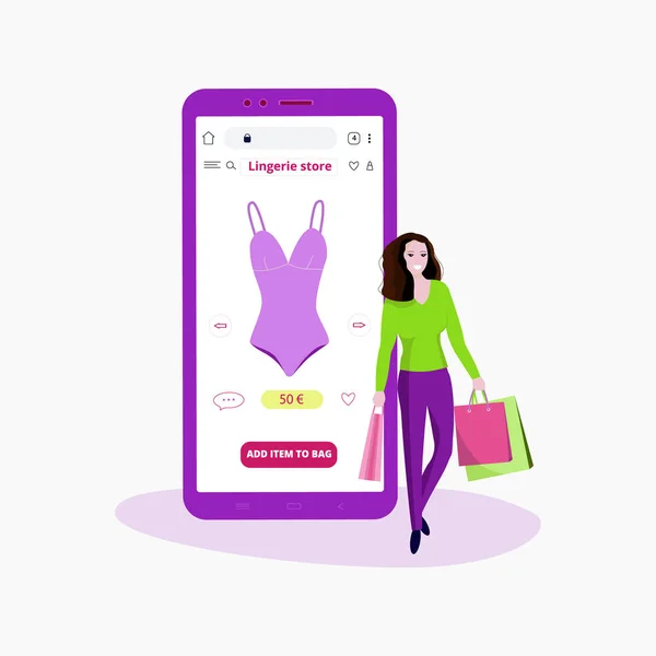 한 여자가 온라인 가게에서 속옷을 산다. 속옷이 달린 스마트폰이요. 현대의 평평 한 벡터 그림 온라인 쇼핑 여성의 개념. — 스톡 벡터