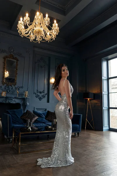 Sexy morena con maquillaje en vestido de noche de plata posando en profundo — Foto de Stock