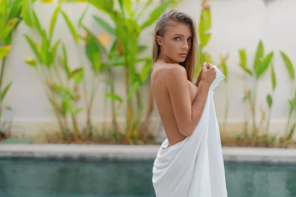 Young Beautiful Girl Spa Towel Pool Stock Image