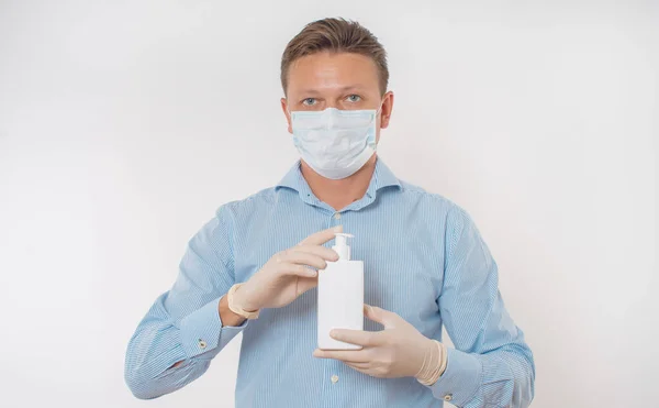 Man Protective Mask Bottle Sanitize Stock Picture