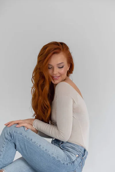 Young Red Haired Girl Jeans Bodysuit Bright Roo Stock Photo