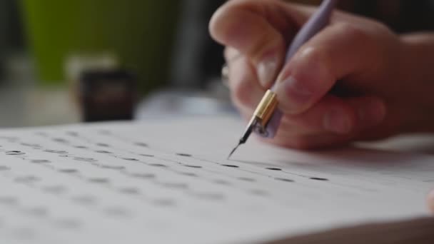 Una Ragazza Riempie Taccuino Calligrafia Con Bei Simboli — Video Stock