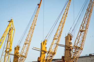Gökyüzü arka planında inşaat vinçleri. Sarı kargo vinçleri