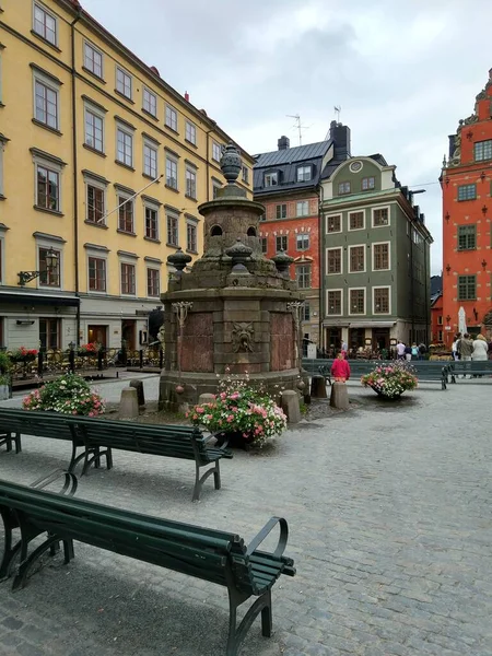 Stockholm Sweden August 2017 Famous Fountain Oldest Most Recognizable Gamla — Stock Photo, Image