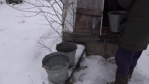 Man pours overflows clear clean water to a bucket near well winter snowing — Stock Video