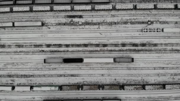 Widok z lotu ptaka na zimę Klasyfikacja stacji rozrządowej pociągi wagony kolejowe. — Wideo stockowe