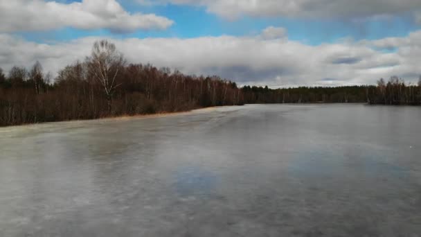 Laag Vliegen over bevroren meer met dun ijs in het bos met kustlijn in bomen — Stockvideo