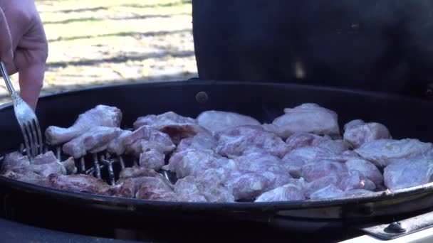 人的手把火鸡肉倒入烤架上的酱汁中. — 图库视频影像