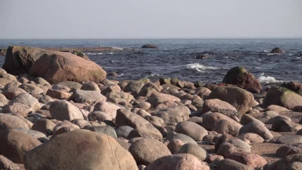 Kleine Wellen wälzen sich am felsigen Strand. Großer See oder Meer mit Steinen. — Stockvideo